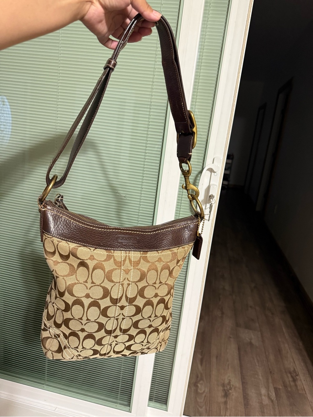 Coach Signature Canvas and Leather Shoulder Bag in Brown